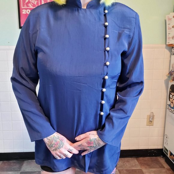 Vintage Tops - Vintage 80's 1980's Navy Blue Button Up Front Long Sleeve Blouse Top Military